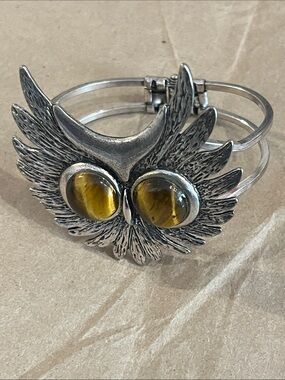 Owl Motif Silver Cuff Bracelet with Amber tiger eye Glass Eyes - Women's Jewelry
